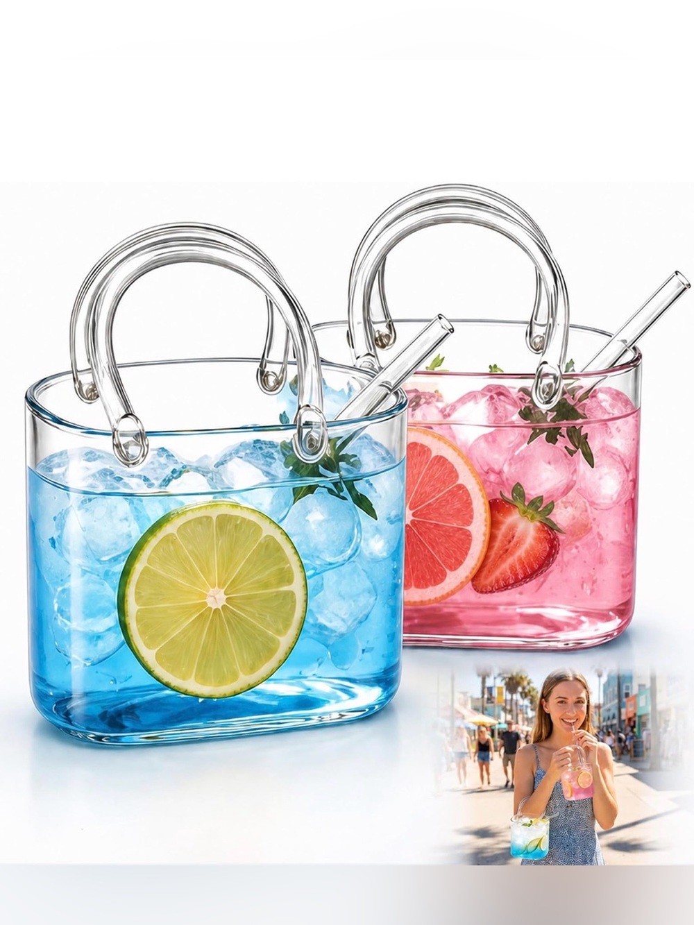 *BUY NOW* 1 Set Glass Purse Cup w/Glass Straw - 24 Oz